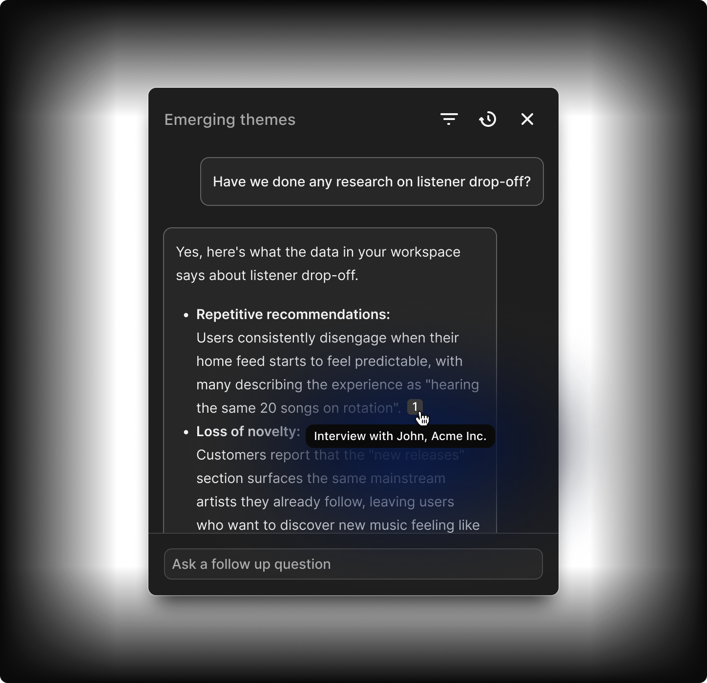 AI Chat interface surfacing prior research findings